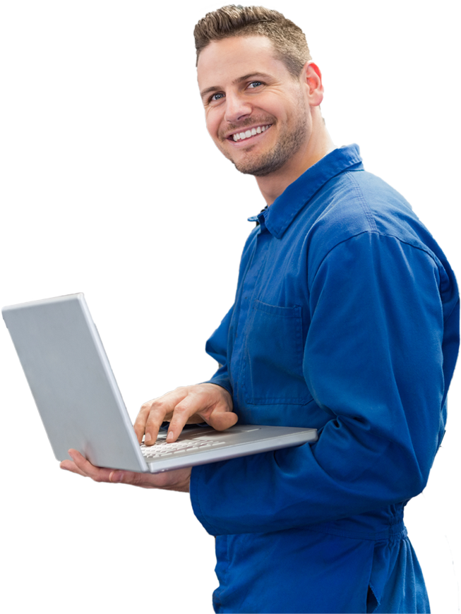 owner holding laptop